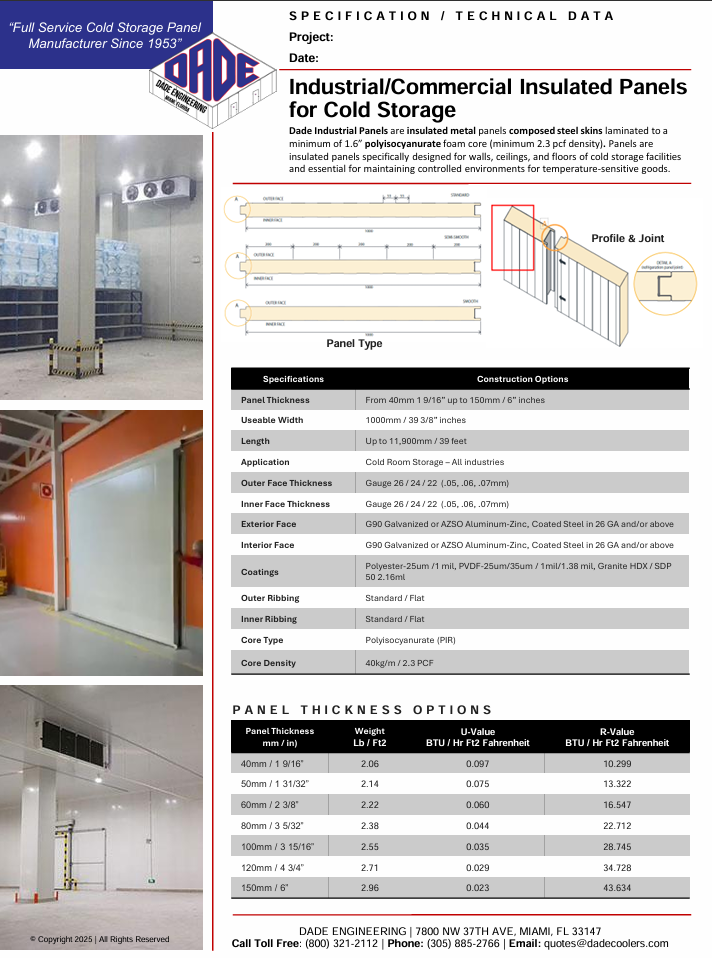 Technical data sheet for industrial/commercial insulated panels for cold storage, showing specifications and construction options, alongside images of cold storage panels and facilities.