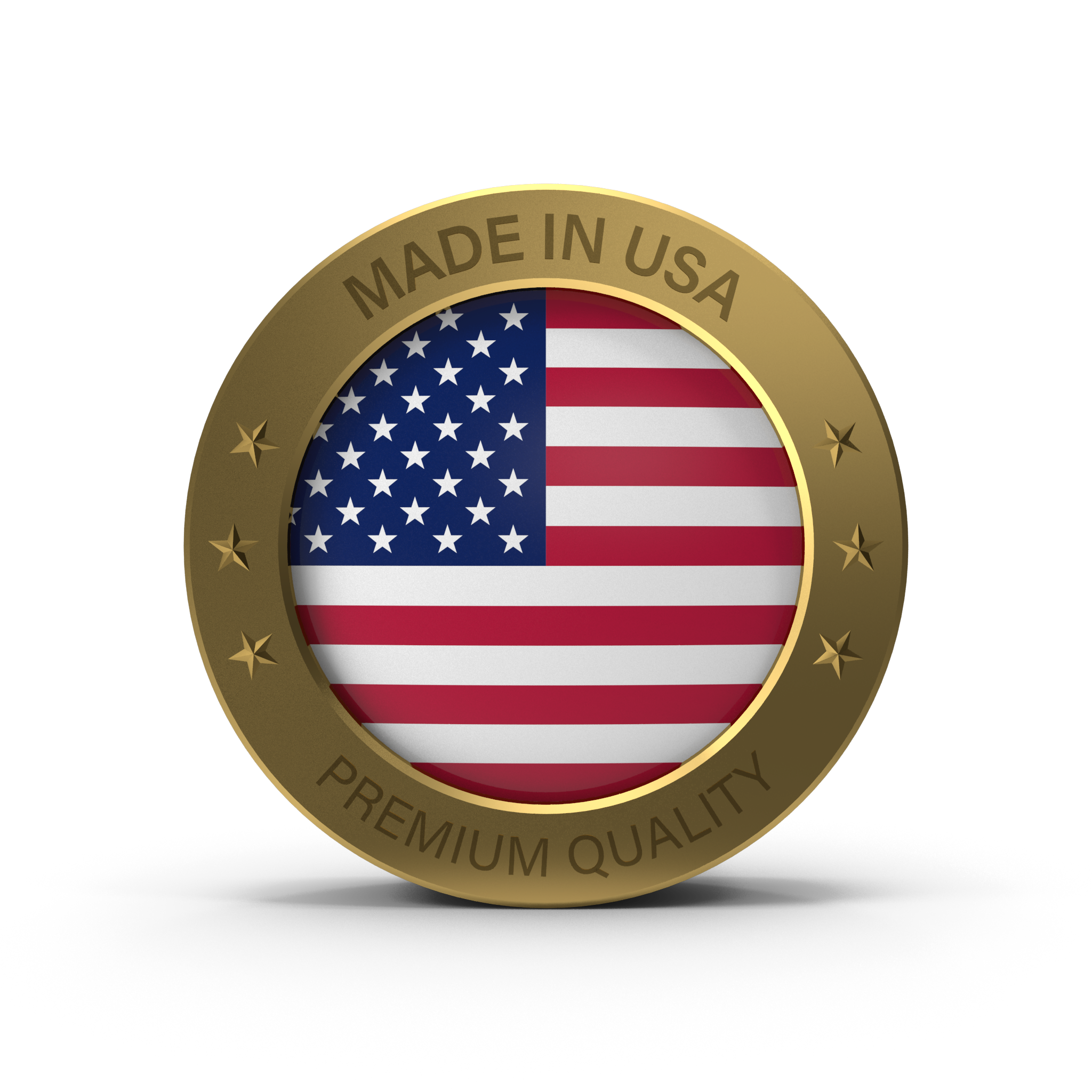 Gold badge with the American flag in the center, encircled by the words 'Made in USA' at the top, and 'Premium Quality' at the bottom, with small stars on either side.