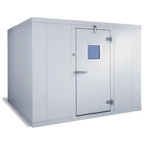 A large, white, industrial cold storage or walk-in freezer with a small window and a secure door.