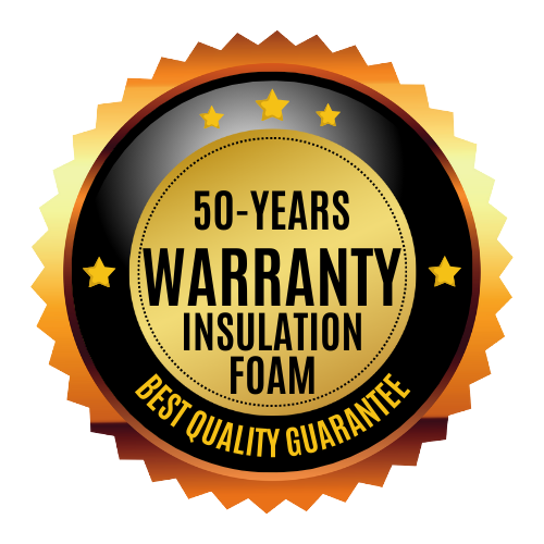 Seal badge label stating "50-Years Warranty, Insulation Foam, Best Quality Guarantee" with black, gold, and orange colors and star accents.