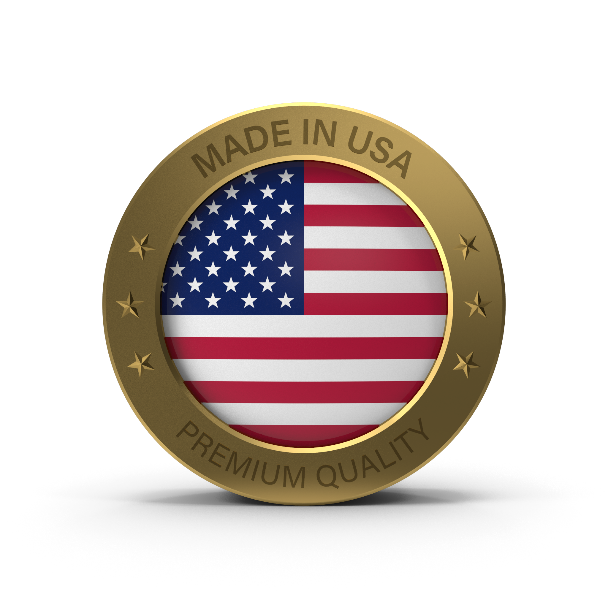 Gold and blue badge with the American flag and text reading 'Made in USA' and 'Premium Quality'.