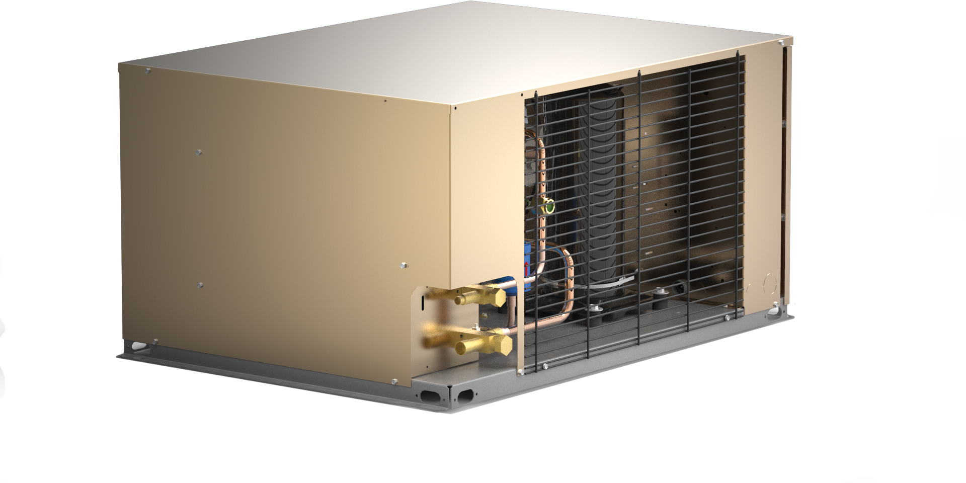 An industrial HVAC unit with a beige exterior, black metal grille, copper piping, and various internal components visible through the grille.