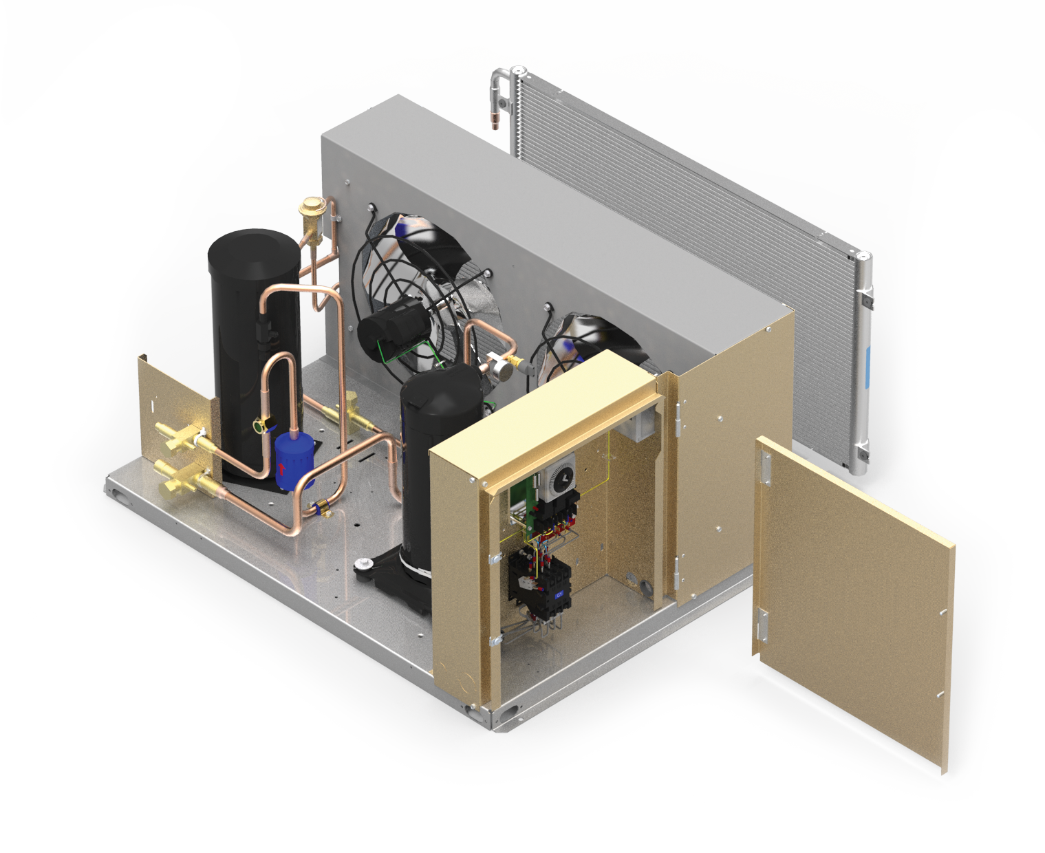 A detailed view of an industrial or electronic device with various components, including fans, copper pipes, a radiator, and a control panel, housed in a metal frame with open side panels.
