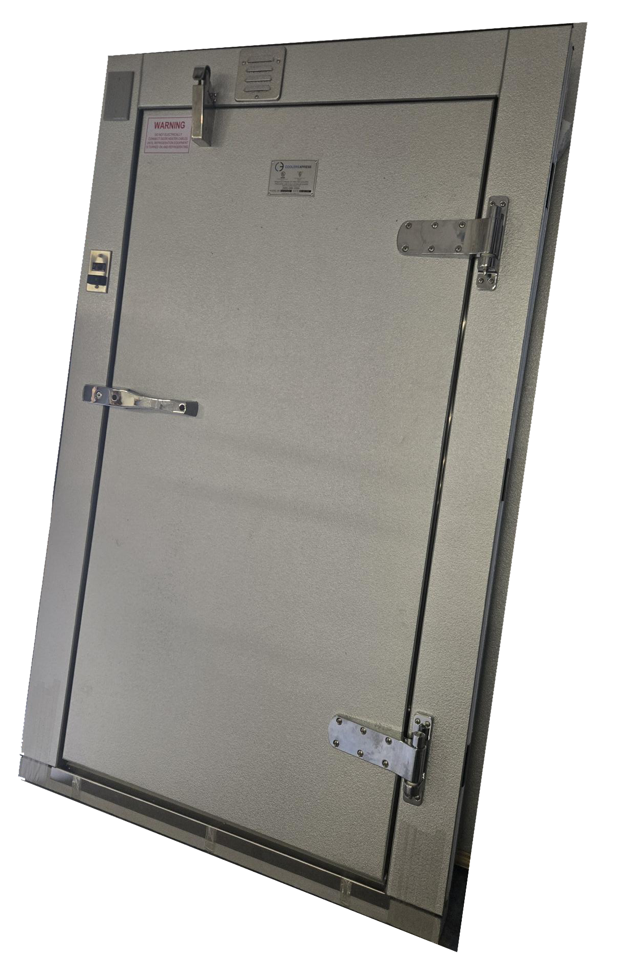 A metal laboratory or industrial refrigeration door with a warning label, hinges, and handles.