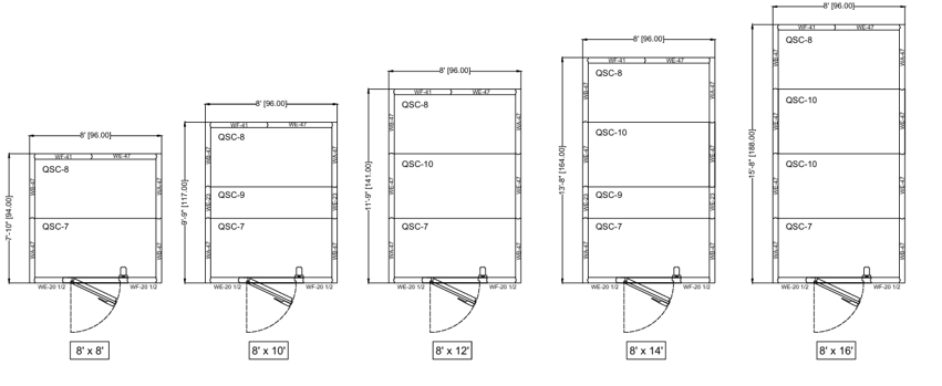 Technical drawings of five different sizes of metal storage cages, ranging from 8' x 8' to 8' x 16', with measurements and labels for each cage.