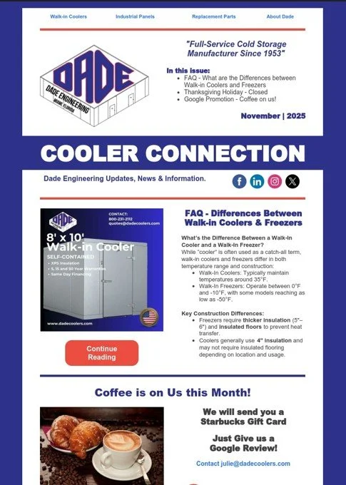 A newsletter titled 'Cooler Connection' from Dade Engineering dated November 2025, featuring articles about walk-in coolers and freezers, including an FAQ about their differences, and promoting a Starbucks gift card giveaway with a picture of a coffee and pastry.