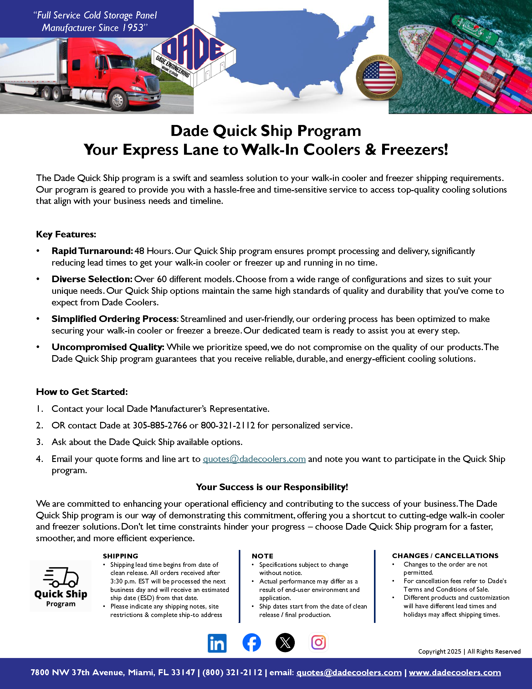 Information sheet for Dade Quick Ship program, detailing features and steps for ordering walk-in coolers and freezers, with images of a semi-truck, map of the USA, and a cargo ship loaded with containers.