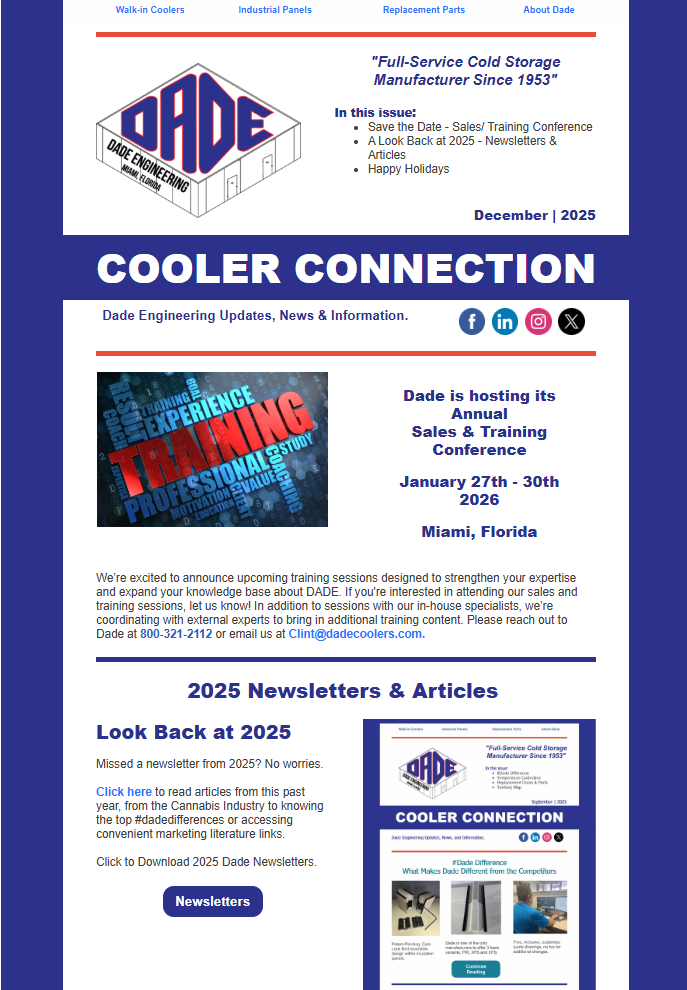 Screenshot of a newsletter from Dade Engineering featuring the company's logo, information about a sales and training conference in Miami, Florida from January 27 to 30, 2026, and articles about industry updates, including a preview of the 2025 newsletters.