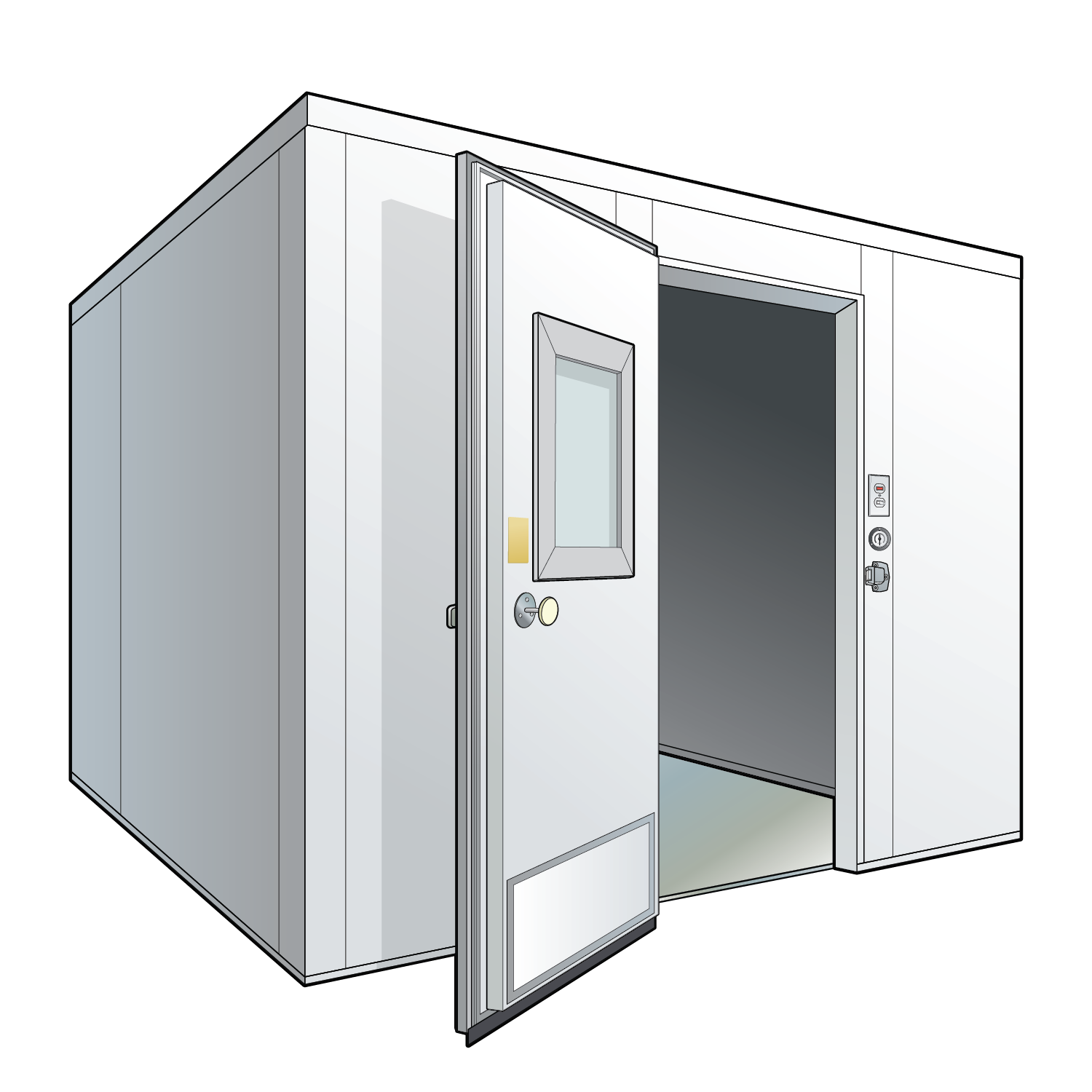 Illustration of an industrial walk-in refrigerator or cold storage unit with an open door, showing the interior space.