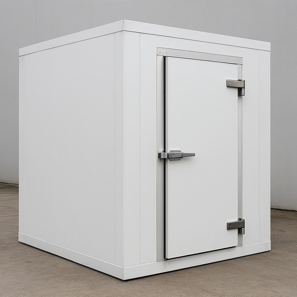 A white outdoor storage unit or cabinet with a metal door and latch, situated on a concrete floor against a plain wall.