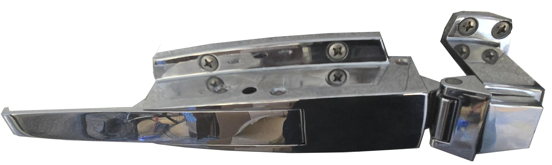A metallic door hinge with multiple screw holes and a reflective surface.