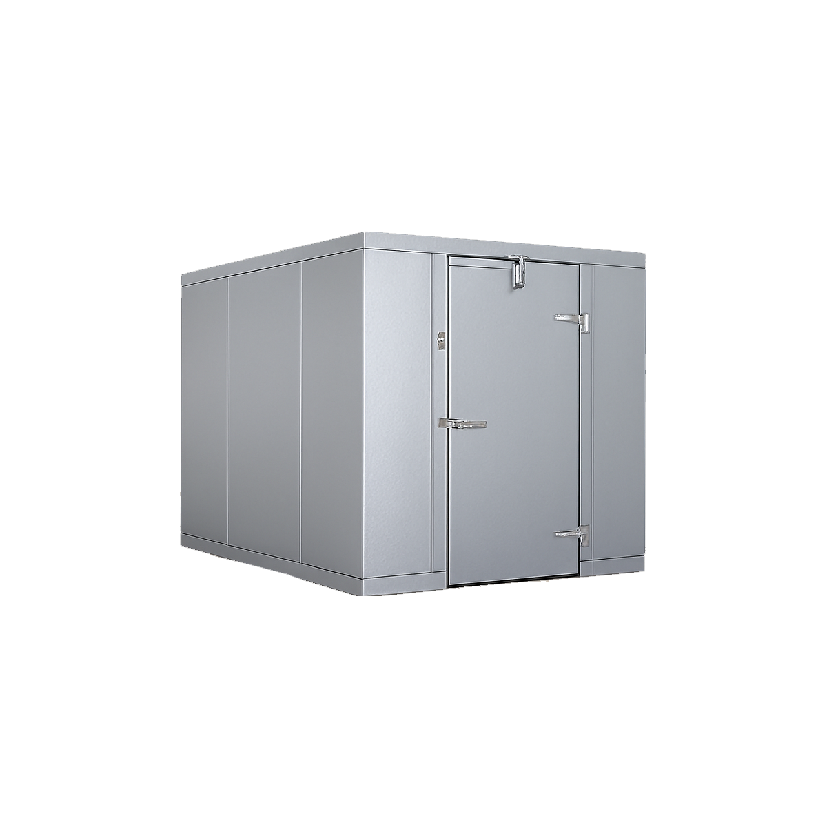 A large gray industrial walk-in freezer with a door and latches.