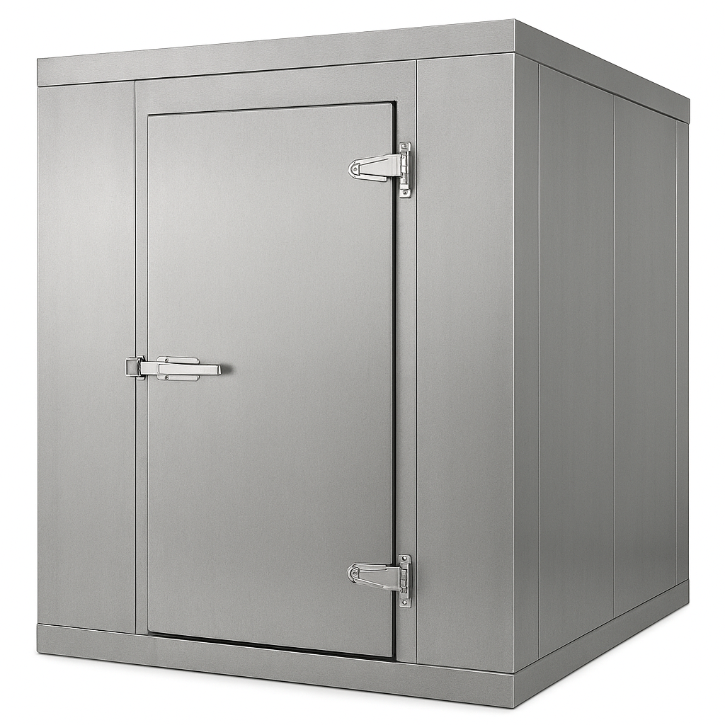 A large, gray metal storage cabinet with a door secured by latch locks.