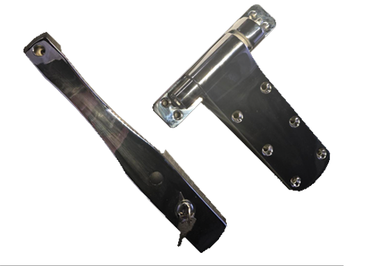 Close-up of metal hinge with a cylindrical pin, used for door or gate swinging.