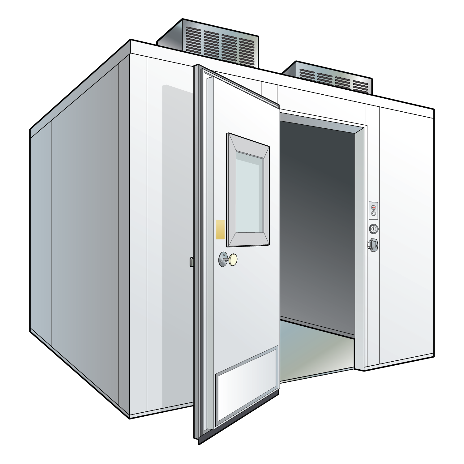 Illustration of a walk-in cold storage room with a partially open door, control buttons on the side, and rooftop exhaust units.