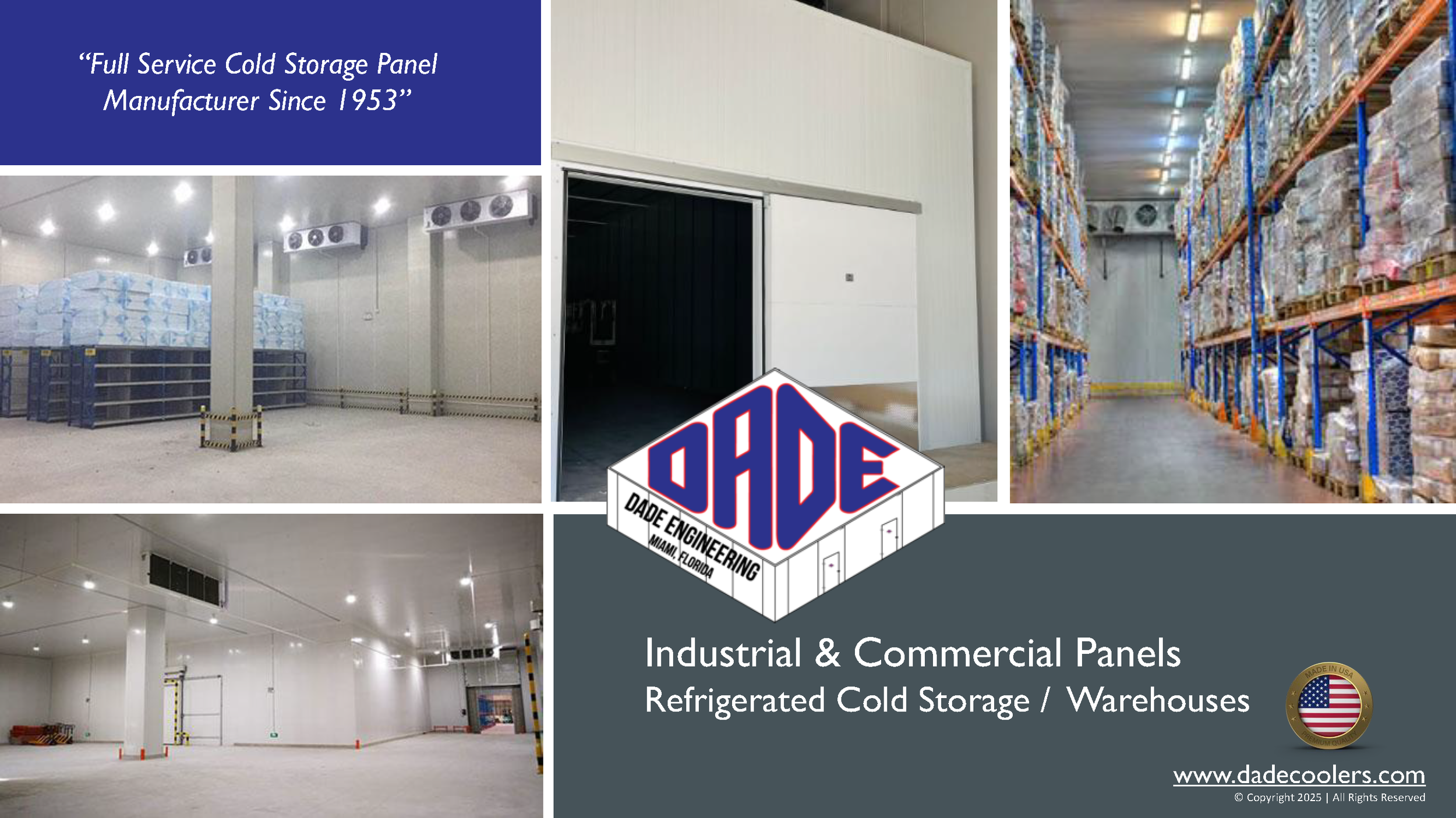 Collage of images showing refrigerated cold storage warehouses, industrial and commercial panels, and warehouse shelving, with company branding for DADE Engineering.
