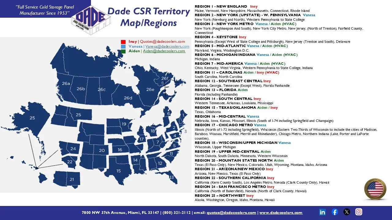 Map of the United States divided into regions, each labeled with state groups and corresponding regional names and contacts for Dade CSR Territory. The map features regions like New England, New York, Mid-America, and others, with some regions marked as Iney, Vanesa, or Aiden. There's a Dade Cooler logo at the top left and a U.S. flag emblem at the bottom right.