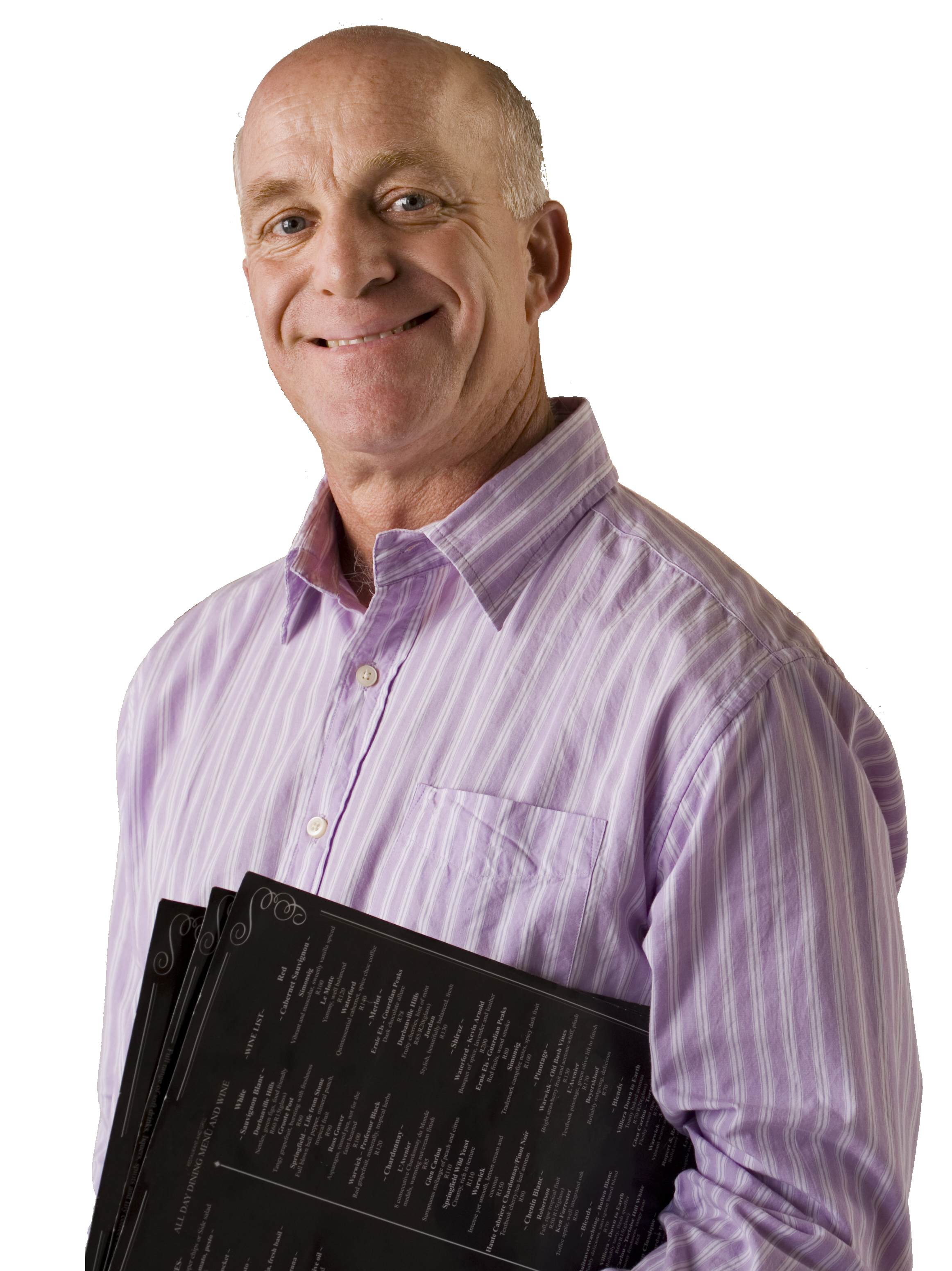 A smiling man holding multiple black menus or folders, wearing a light purple striped shirt, looking at the camera.