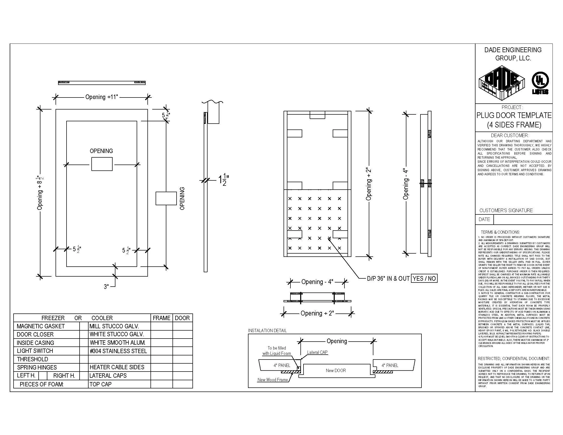 Technical blueprint for a plug door template with a 4 sides frame, including specifications for openings, dimensions, and installation details.