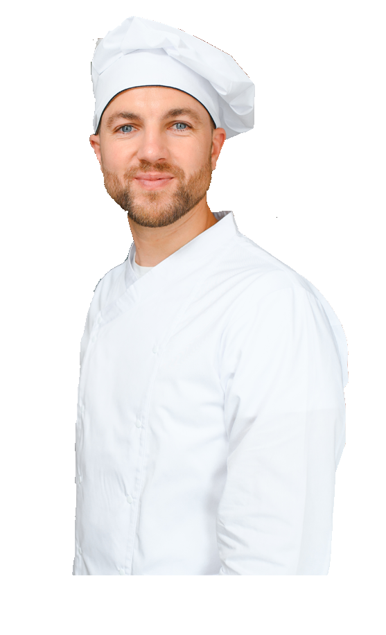 A male chef wearing a white chef's uniform and a traditional chef's hat, smiling and facing forward.