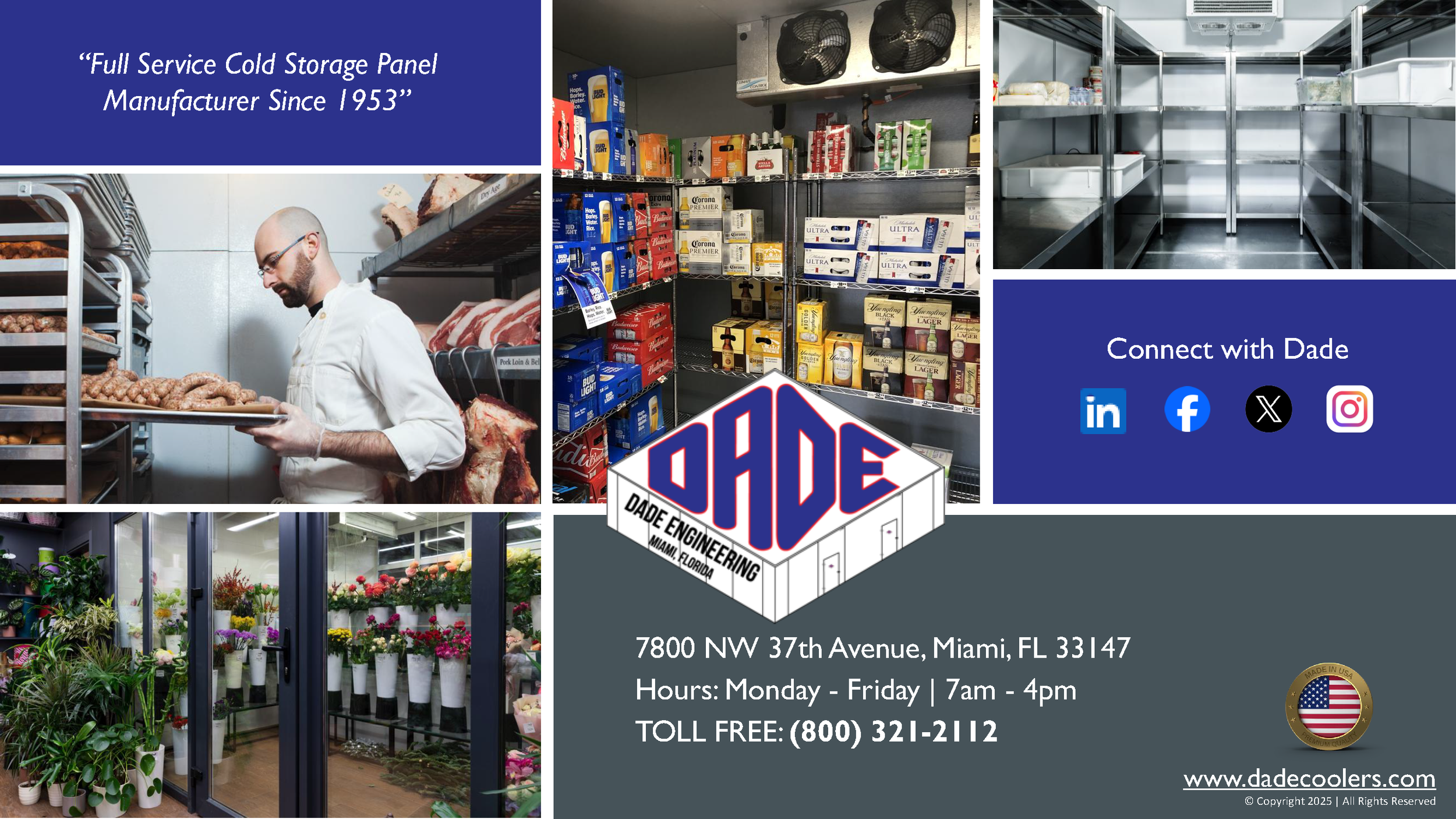 Collage of images showing a storage room with shelves stacked with canned and bottled products, a bakery worker inspecting sausages, an empty stainless steel shelving unit, a flower shop with potted plants and flowers, and the company's logo with contact information and social media icons for LinkedIn, Facebook, X, and Instagram.