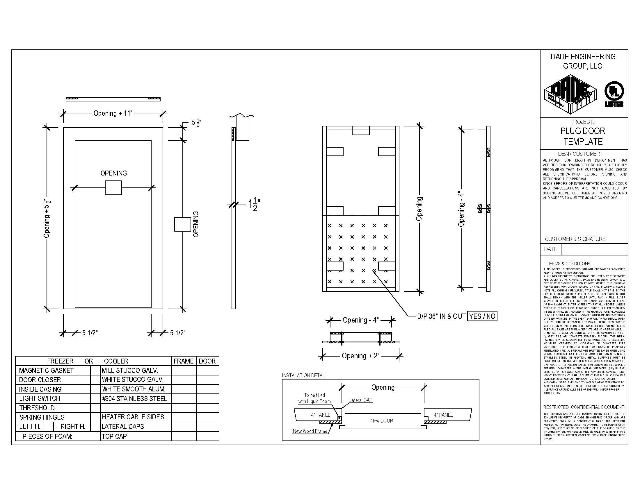 Technical blueprint for a plug door, showing front, side, and top views, dimensions, and installation details for a metal door with an opening of 5.5 inches and 4-inch panels, including specifications for materials and components.
