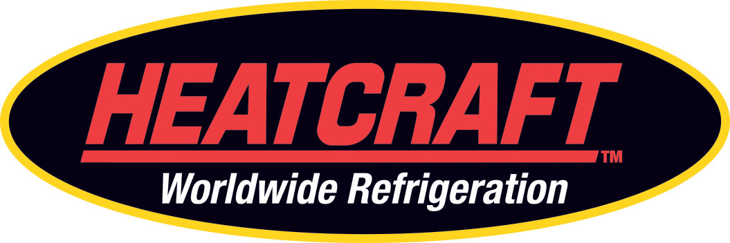 Heatcraft logo with red and white text on a black oval background and yellow border, reading "Heatcraft Worldwide Refrigeration".