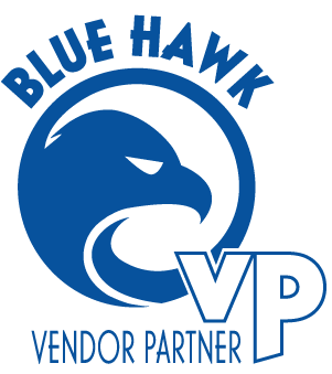 Blue Hawk Vendor Partner logo with a stylized hawk head in blue and white, and the letters 'VP' in blue.
