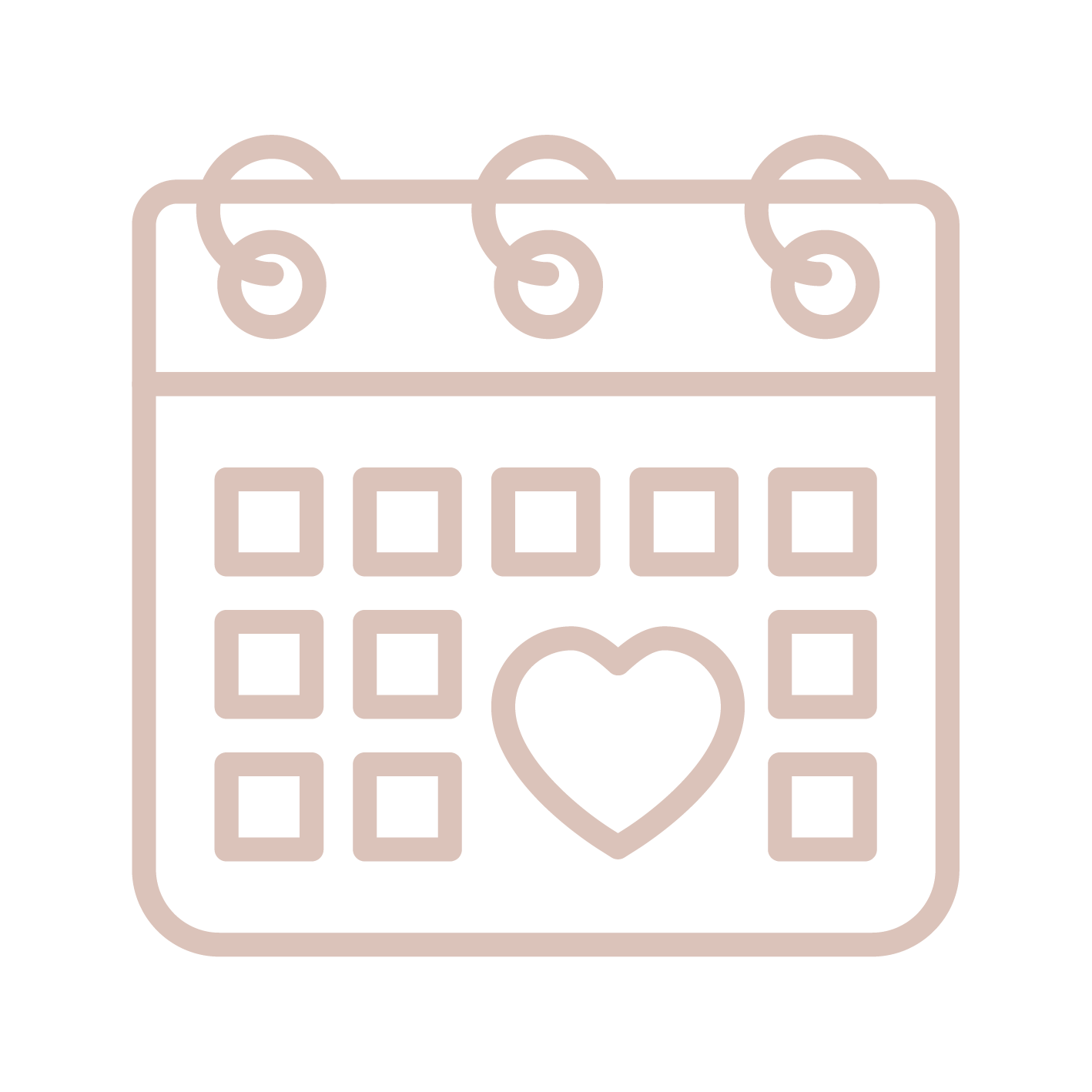 Minimalist calendar icon with binder rings, date squares, and a heart symbol