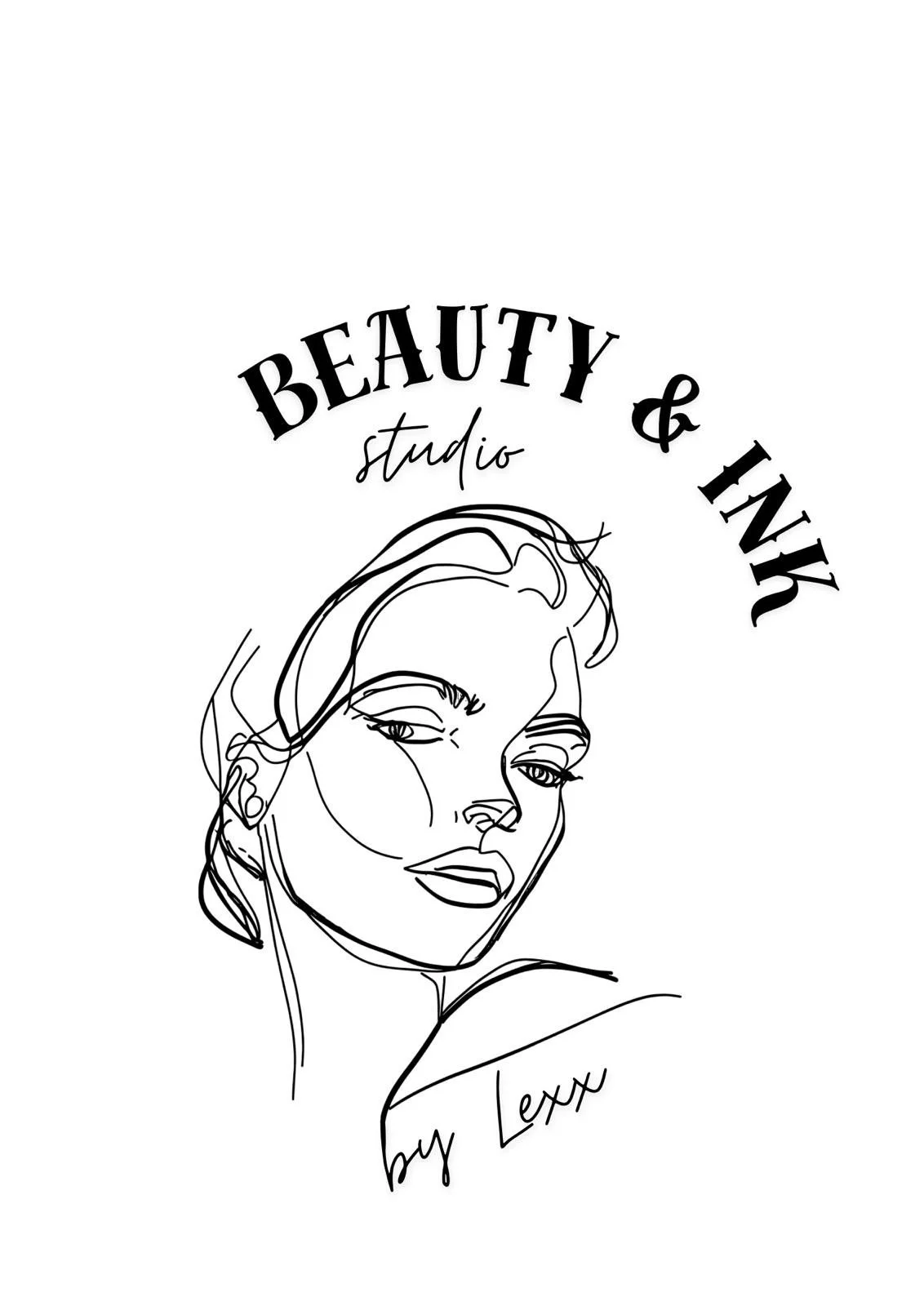 Schwarz-weiß Konturzeichnung eines Frauenporträts mit dem Text 'Beauty & Ink studio' und 'by Lexx'.