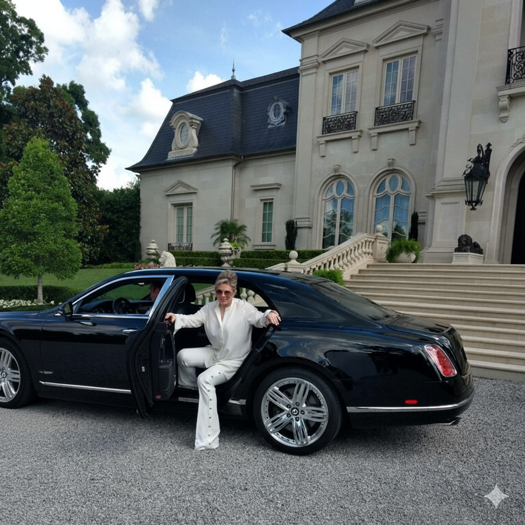A woman in white clothing smiling and sitting on the edge of a black luxury car, parked in front of a large, elegant mansion with stairs and ornate details.