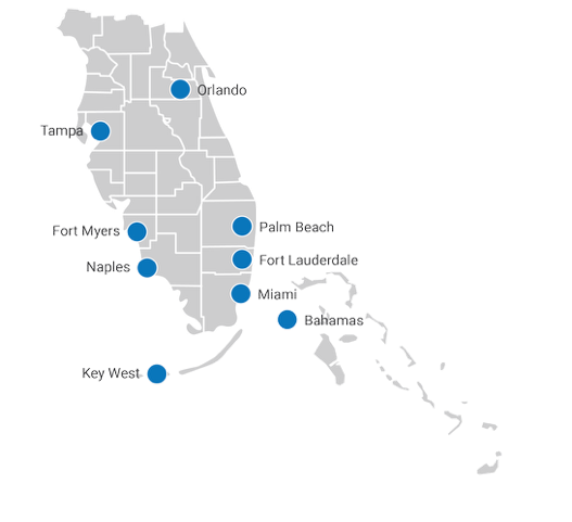 Map of Florida with highlighted cities: Tampa, Fort Myers, Naples, Key West, Orlando, Palm Beach, Fort Lauderdale, Miami, Bahamas.