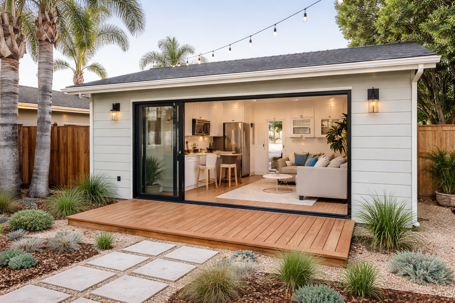 Outside view of a modern backyard shed with a large open sliding glass door revealing a cozy living space inside, including a sofa, coffee table, and a small kitchen area. The shed is surrounded by desert landscaping with various plants, palm trees, and a wooden deck leading into the interior.