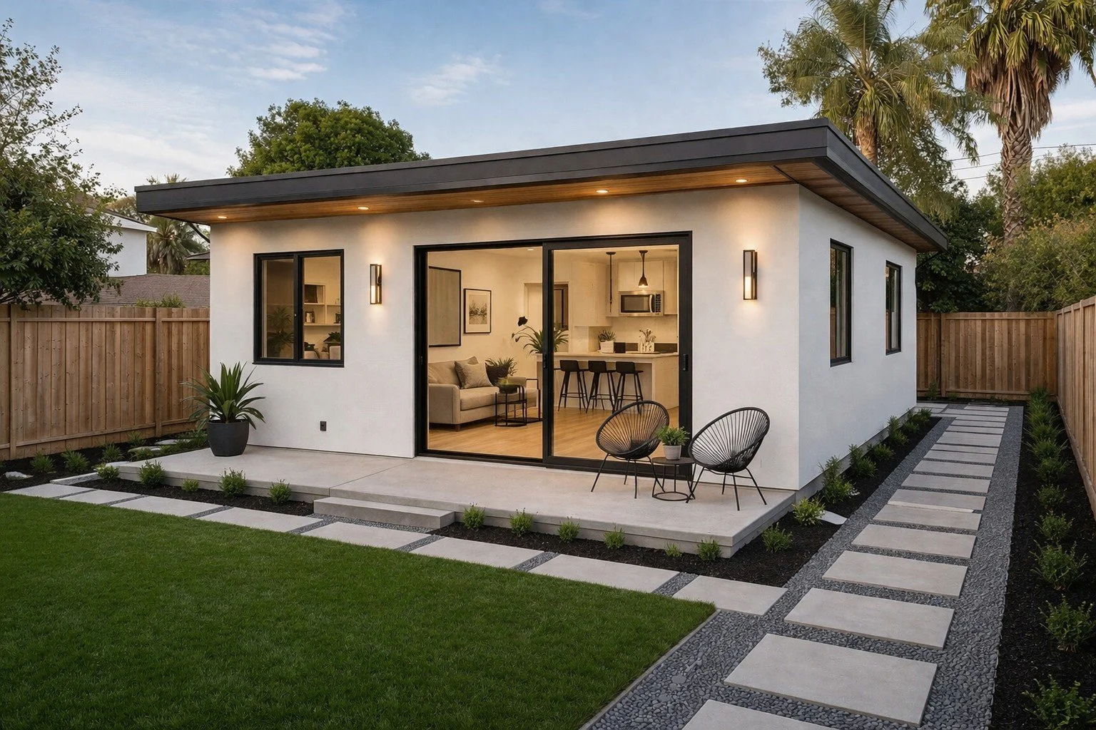 ADU construction in San Diego featuring modern backyard accessory dwelling unit with sliding glass doors and open-concept interior by Foremost Building Solutions
