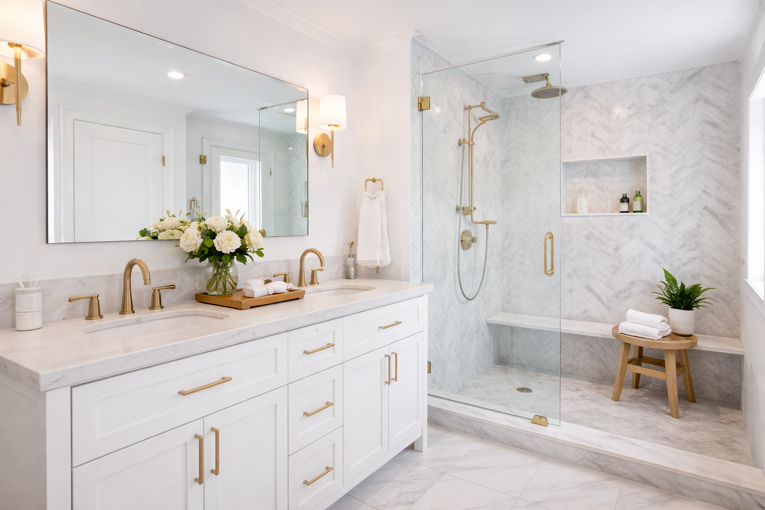 Modern bathroom with white marble vanity, gold fixtures, large mirror, flower vase, double sinks, and a glass walk-in shower with built-in shelves, a bench, and a green plant.