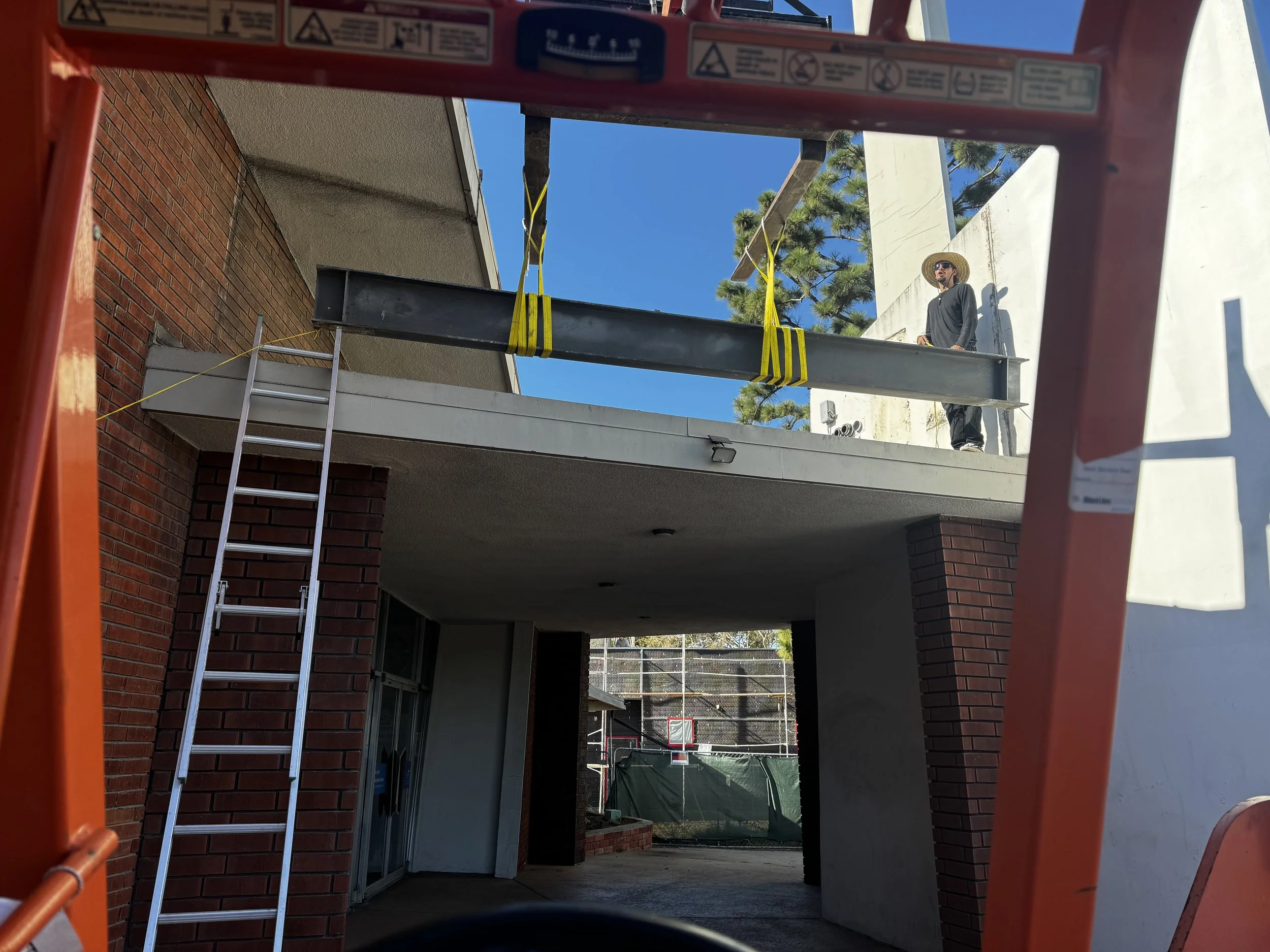 Removal of steel framing members from roof of Clairemont Lutheran Church.