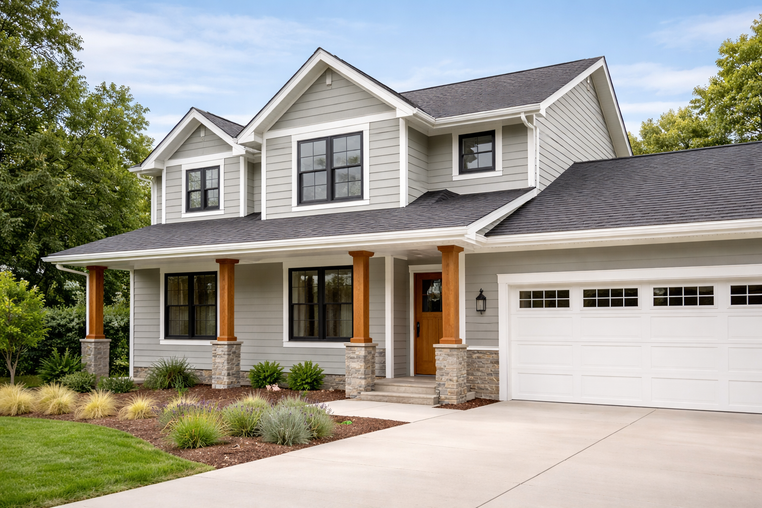 A two-story suburban house with gray siding, black window frames, a front porch with wooden columns, a wooden front door, and a white garage door. There is a well-maintained lawn and landscaped garden in front.