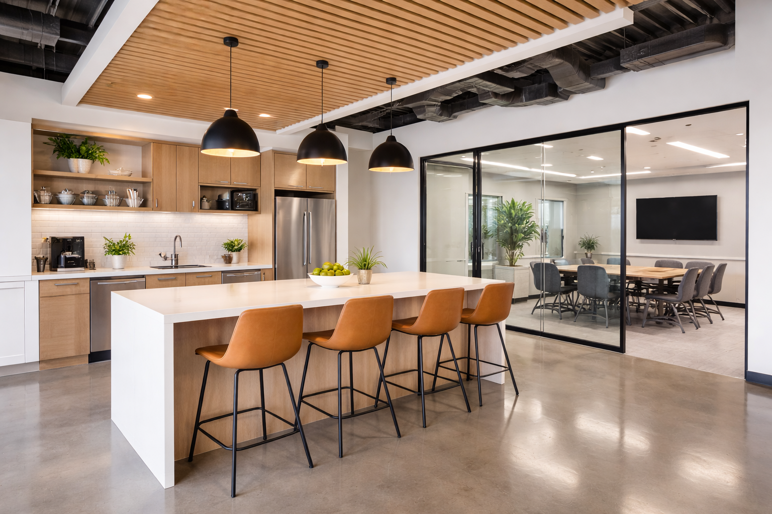 Modern kitchen and conference room separated by glass wall, with kitchen island, black pendant lights, and chairs