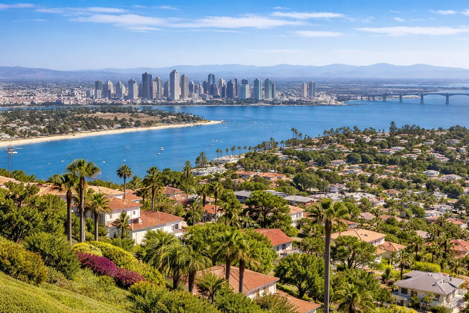 A scenic view of a city skyline across a large body of water, with residential houses and palm trees in the foreground, and mountains in the background.