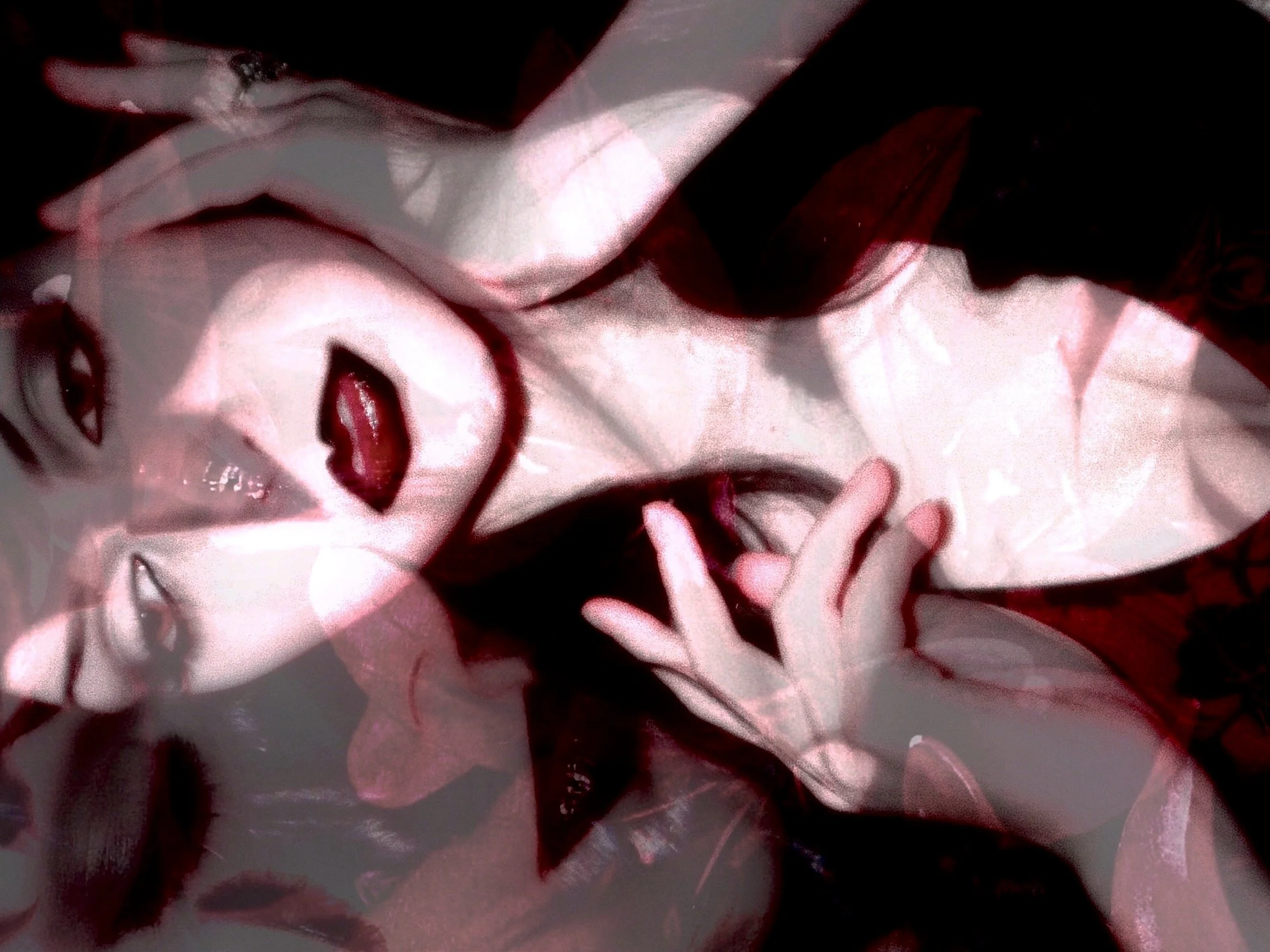 Multiple overlapping images of women with makeup, red lipstick, and long earrings, lying down and touching their faces