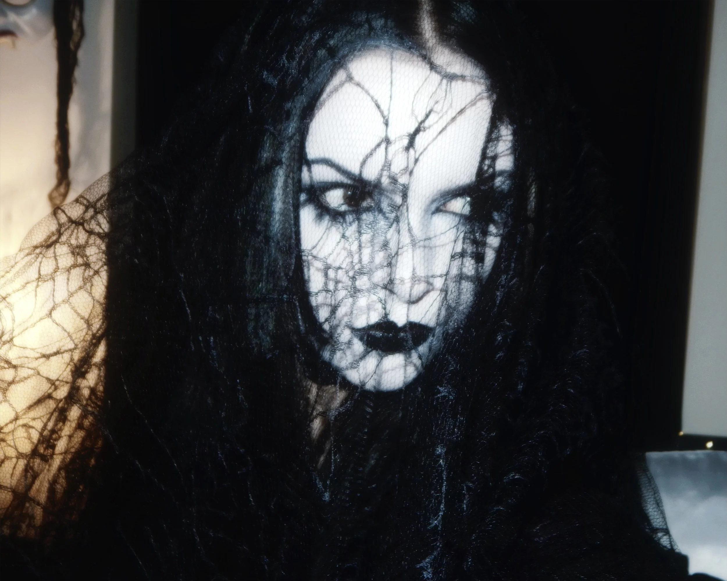 A woman with long dark hair and dark makeup, including black lipstick, is partially obscured by a black lace veil with a spiderweb pattern.