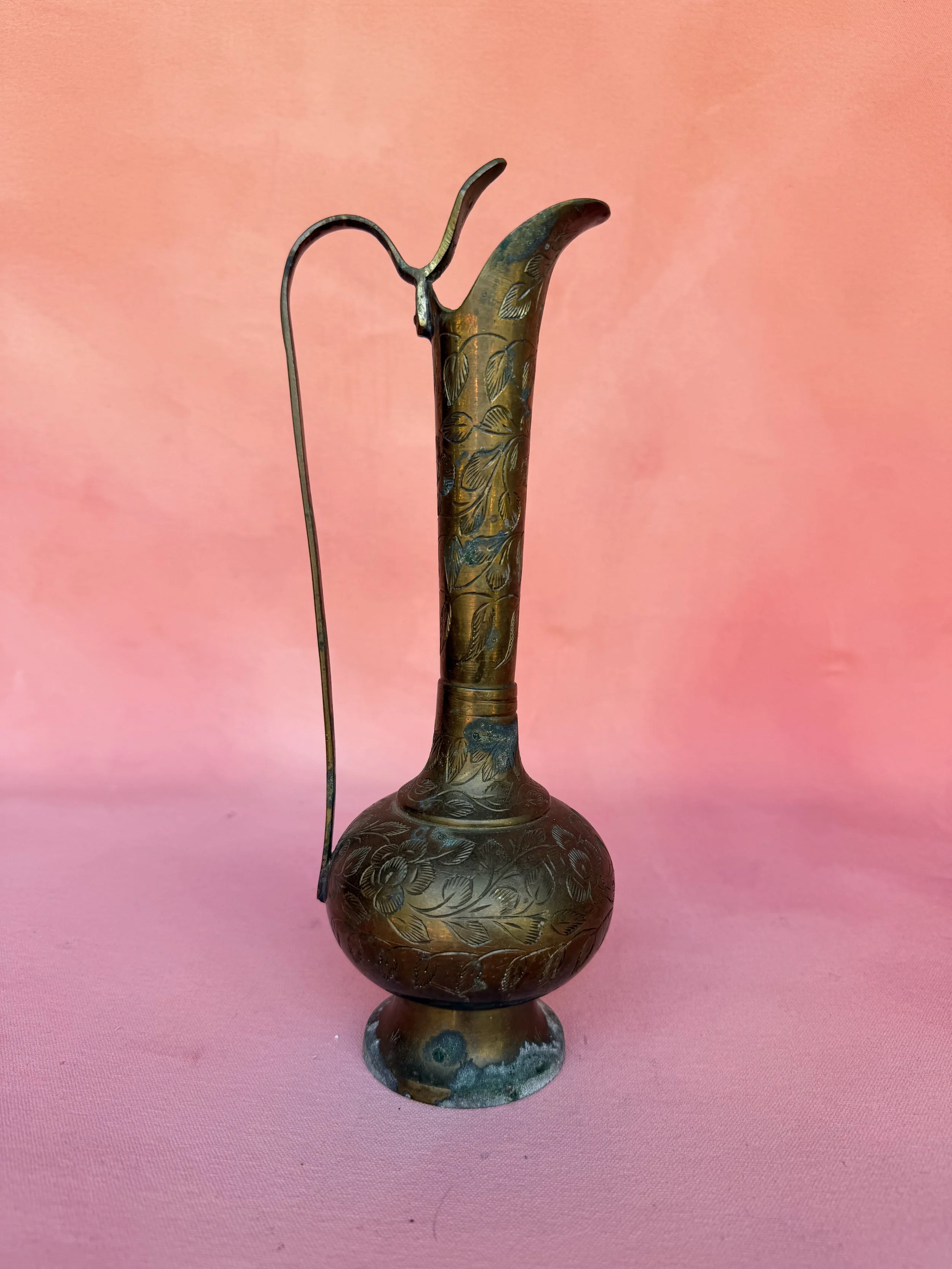 Vintage Brass Pitcher with Floral Engravings