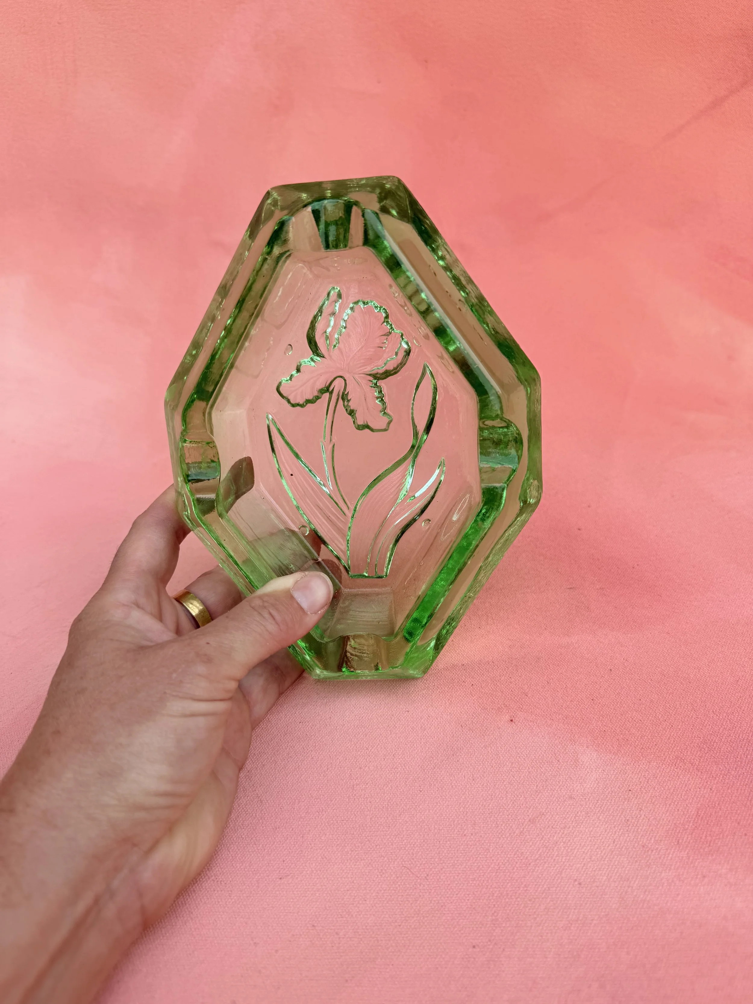 Vintage Green Glass Iris Ashtray
