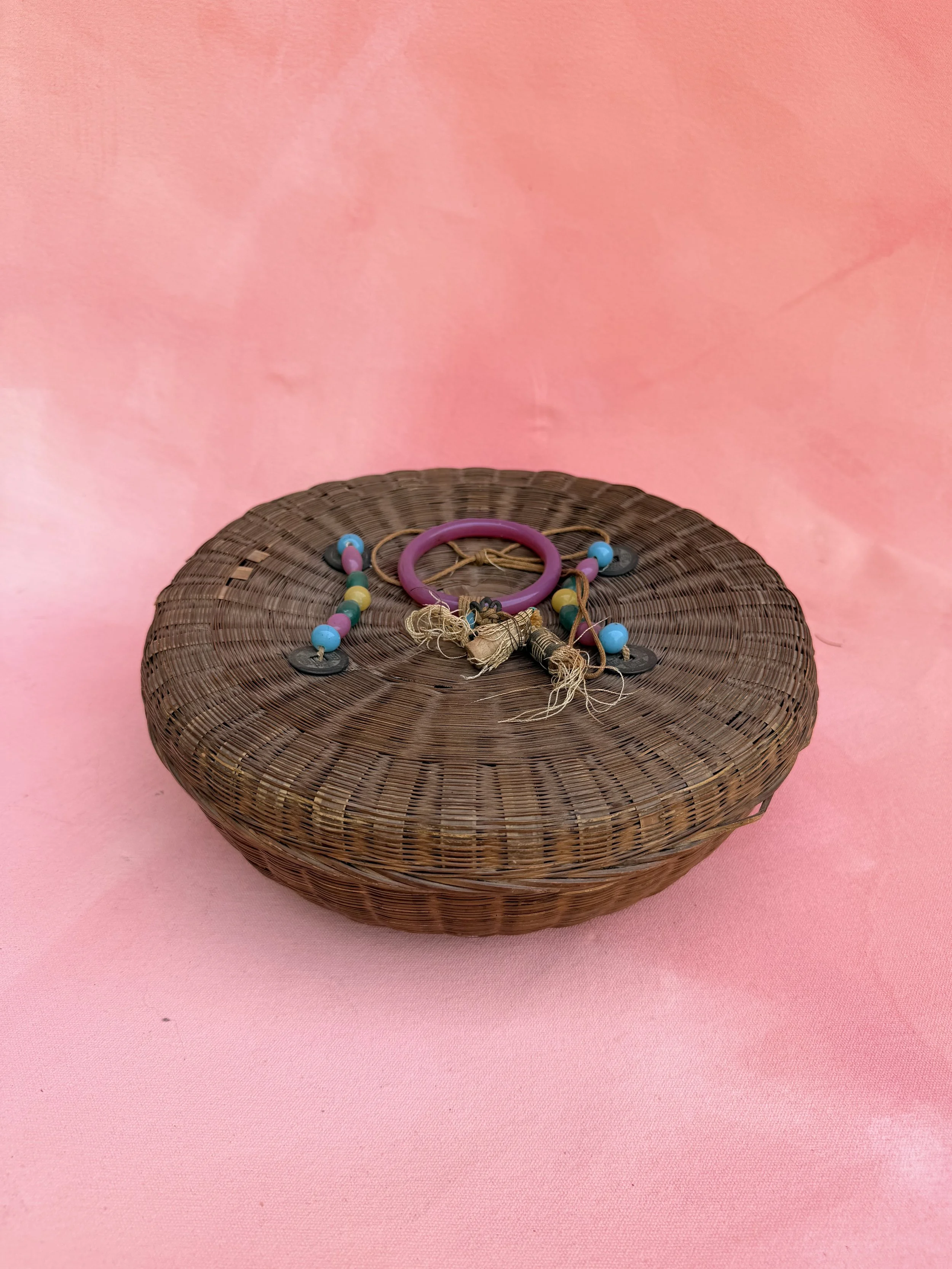 Asian Wicker Basket with Beaded Decor