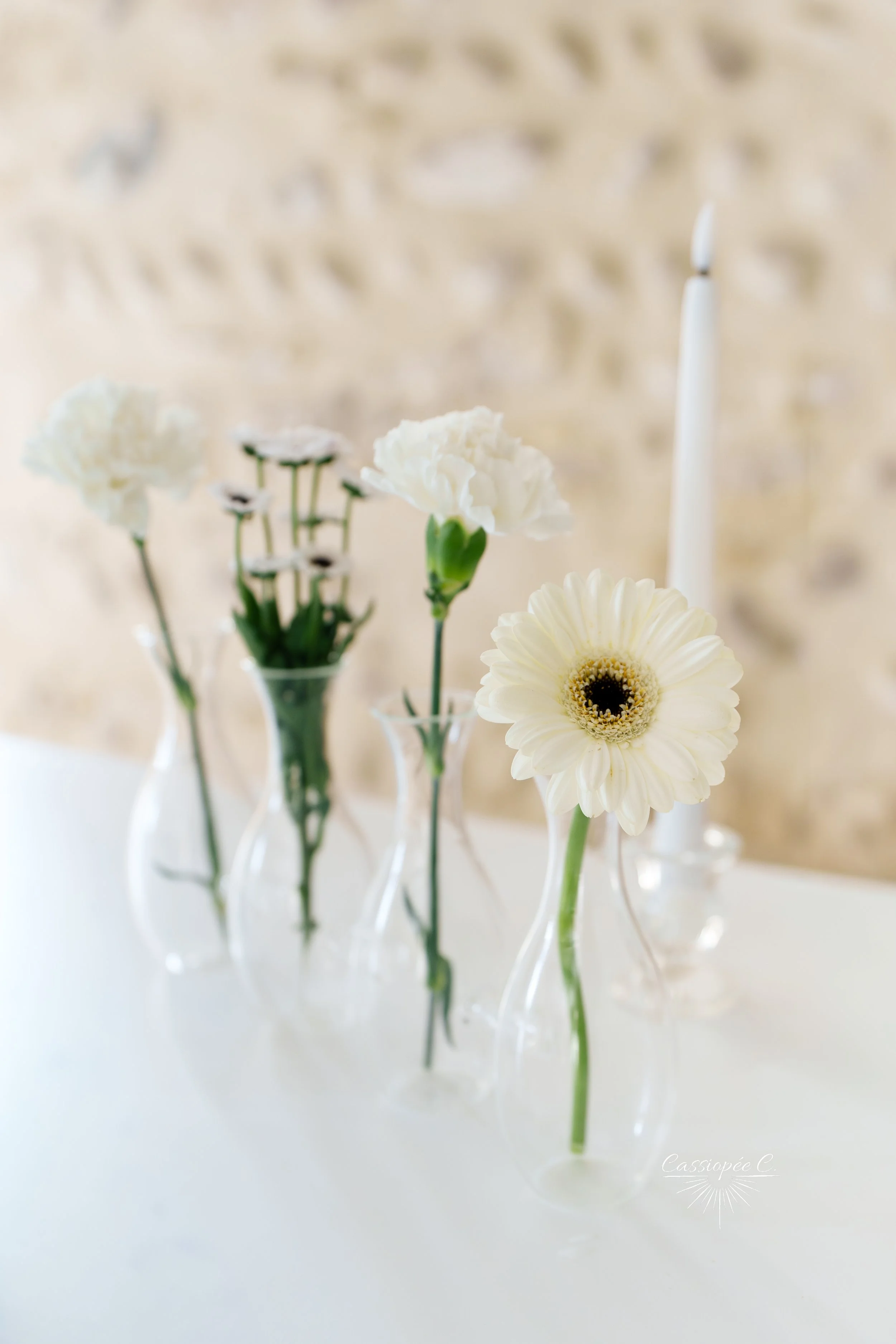 Vases transparents contenant différentes fleurs blanches, y compris une gerbera, disposés sur un surface blanche, contre un mur en pierre beige.