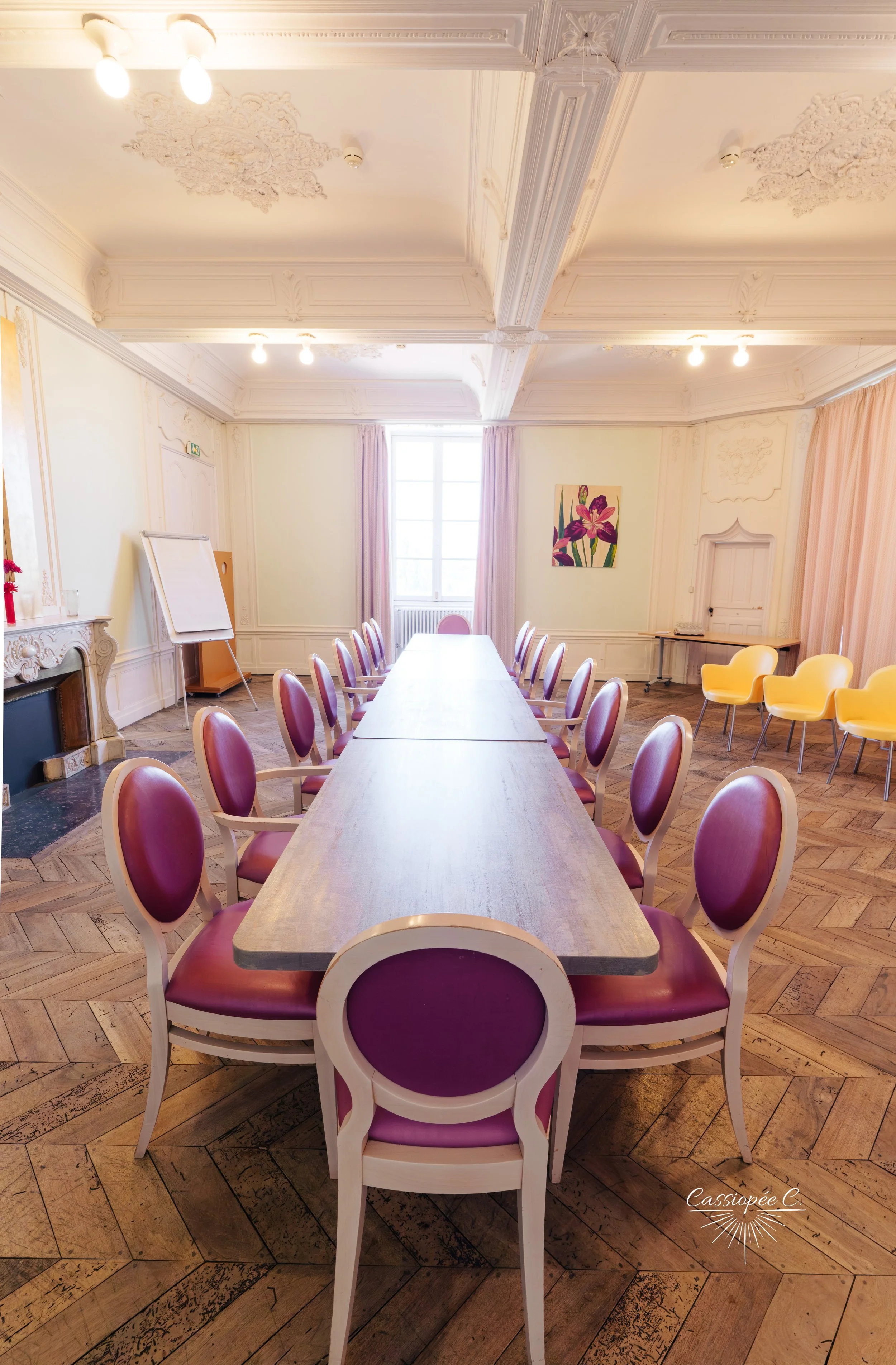 Salle de réunion avec une longue table entourée de chaises aux sièges violets. La pièce a des murs clairs, un plafond orné, des rideaux roses, et un tableau de fleurs. La lumière naturelle entre par une grande fenêtre.