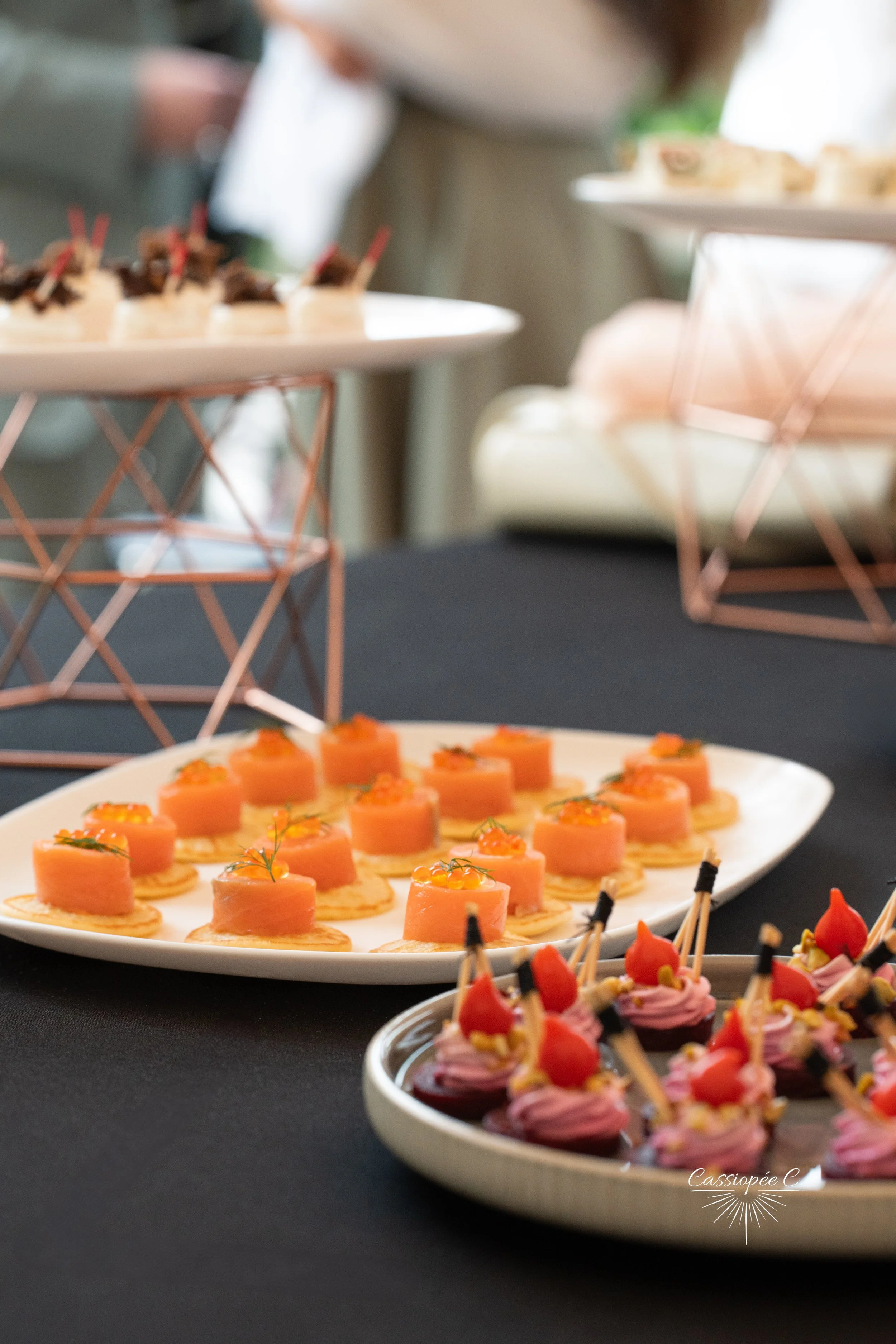 Plate de petits fours avec saumon fumé et garnitures colorées sur un buffet