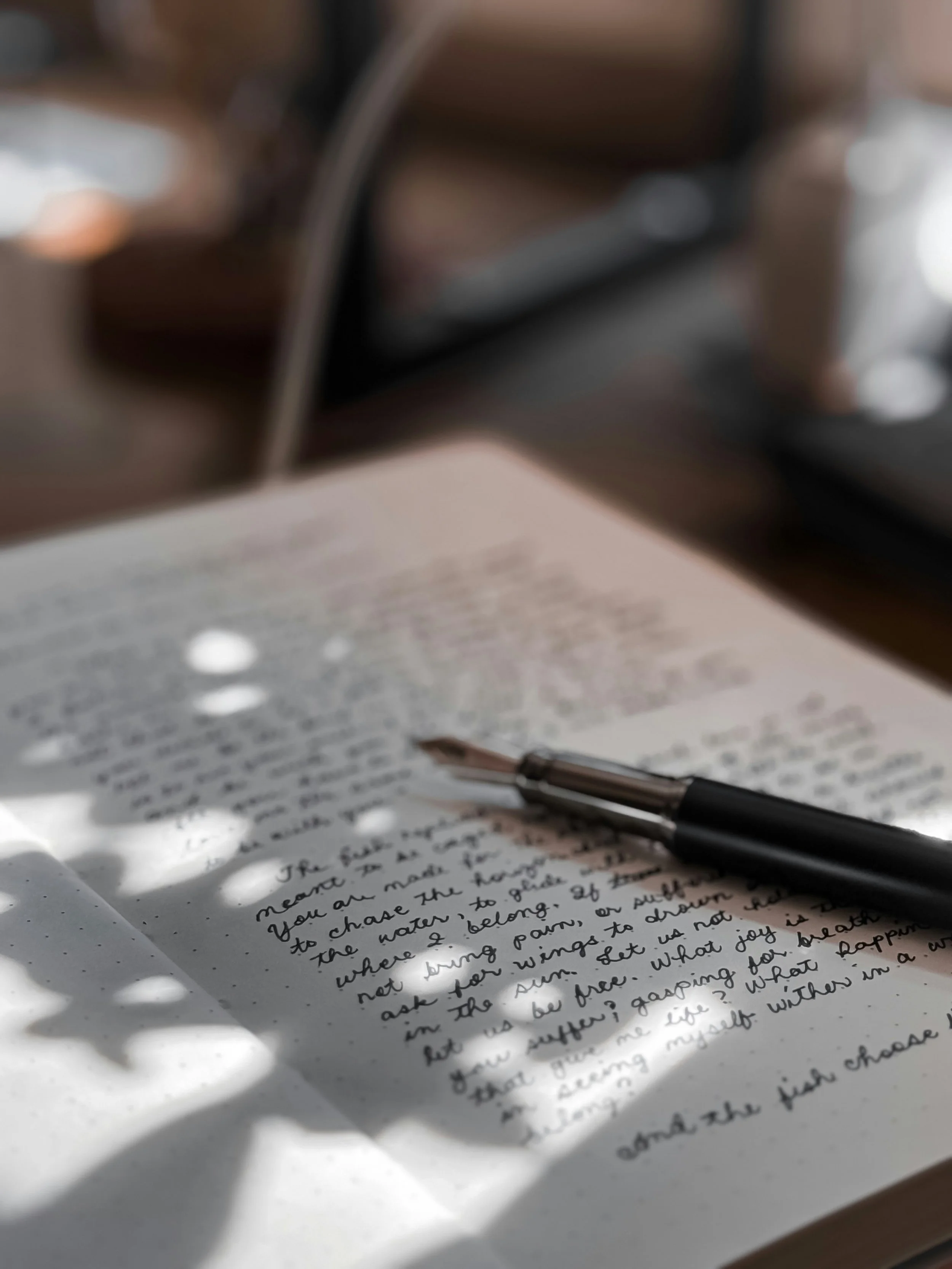 A sheet of handwritten notes or a journal page with a black pen resting on it, placed on a wooden surface with sunlight and shadows.