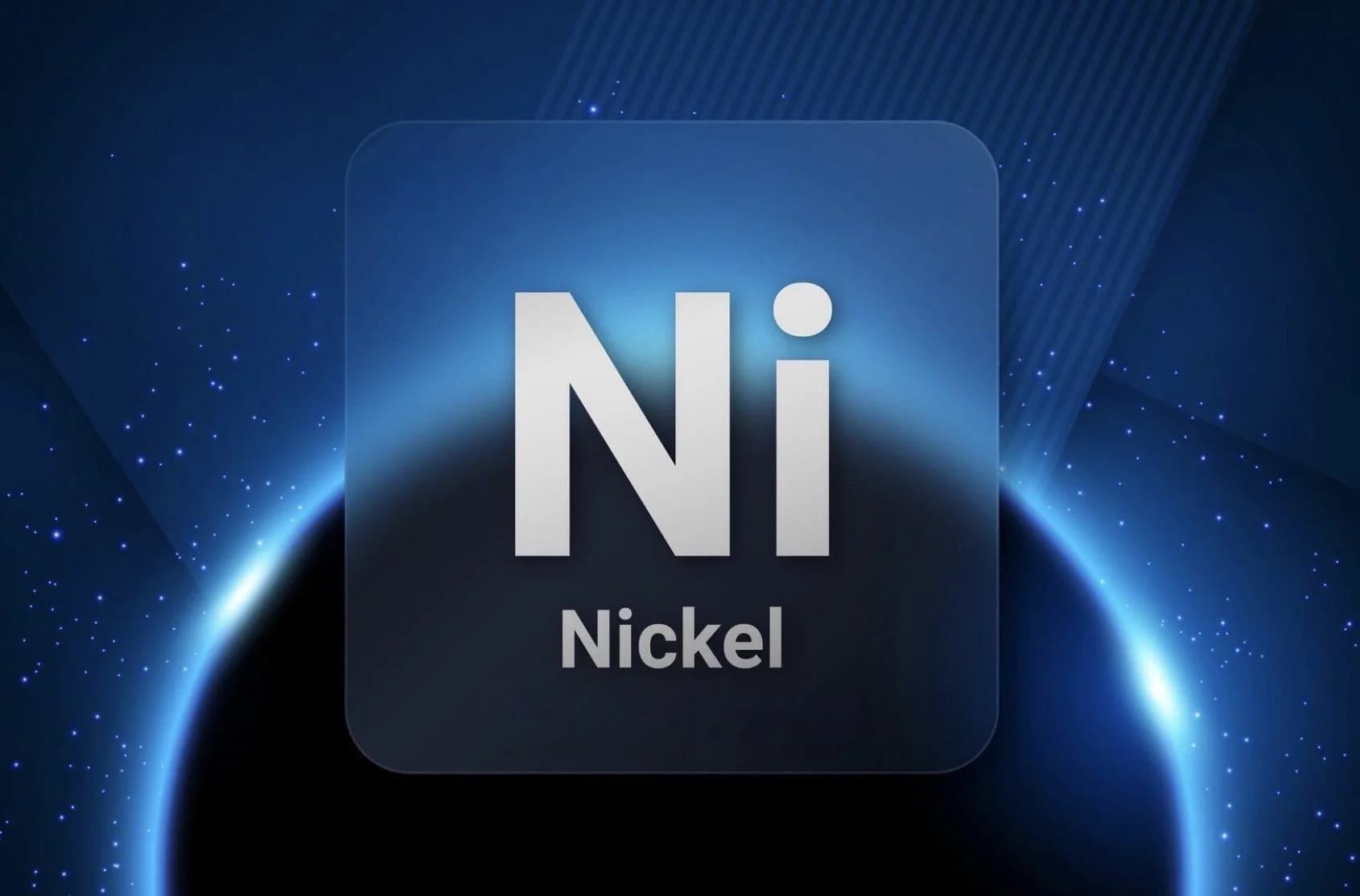 Graphic representation of the element Nickel (Ni) from the periodic table with a blue space-themed background.
