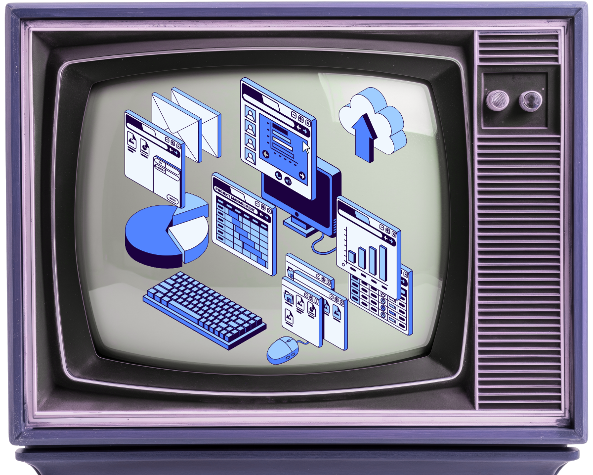 An old television screen displaying digital illustrations of cloud upload, email, bar graphs, spreadsheets, and computer icons related to technology and data management.